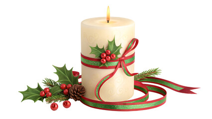 christmas candle decoration with candle and holly isolated on transparent background
