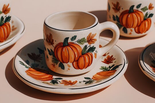 Decorative ceramic coffee cup and saucer set featuring vibrant pumpkin illustrations, surrounded by autumn leaves, perfect for seasonal gatherings and cozy moments
