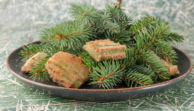 Close-up view of firefly spruce branches arranged on a rustic plate surrounded by natural greenery - Powered by Adobe