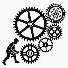 Obraz premium Worker turning gears mechanical system cogs