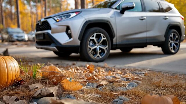 An SUV is parked along a beautiful road with vibrant autumn leaves and decorative pumpkins scattered in the foreground during fall