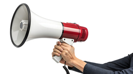 businessman shouting into megaphone , new megaphone in hands isolated on transparent background