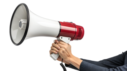 businessman shouting into megaphone , new megaphone in hands isolated on transparent background