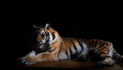 Obraz premium Tiger figure lying in fear against a dark background expressing vulnerability and tension