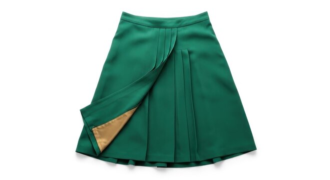 A dark teal, A-line pleated skirt with a partially visible gold lining is displayed against a stark white background; the skirt is shown lying flat, showcasing its front and a hint of the interior