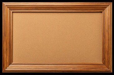 Fototapeta premium A close-up shot of a rectangular wooden frame surrounding a corkboard filling, set against a solid black background
