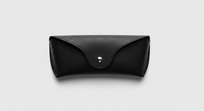 A closed, black leather eyewear case with a textured surface and silver button closure, resting on a neutral gray backdrop