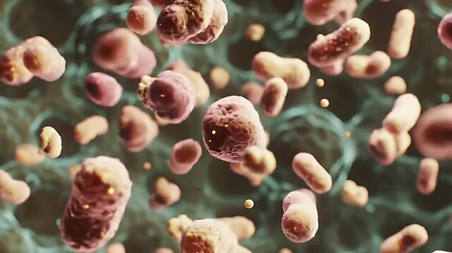 Animated Microscopic Bacteria Cells Floating in Viscous Environment Brown Blobs with Yellow Highlights on Mottled Green Background For Science Commercial Medical Presentation 3D Render