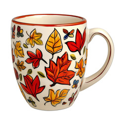 Autumn coffee mug with colorful fall leaves pattern, cozy seasonal ceramic cup