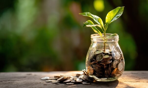 Jar overflowing with coins and a plant shoot, set against a blurred, green foliage background on a worn, neutral surface - Powered by Adobe