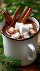 Warm and cozy mug of hot chocolate topped with marshmallows and cinnamon sticks surrounded by pine branches during winter