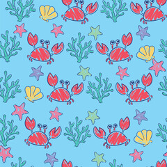 Hand Drawn Crab coral seamless pattern vector Kids print