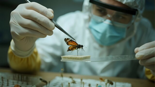 Scientist examining a butterfly in a laboratory setting