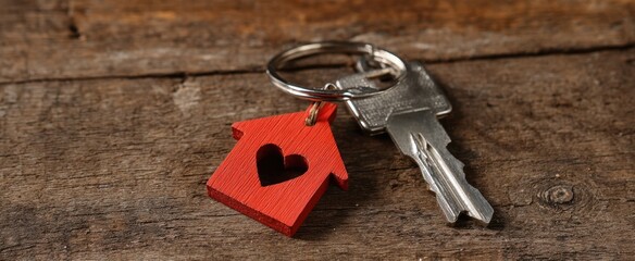 The house key with red house keychain and heart cutout on wooden surface
