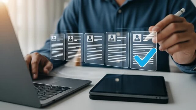 Resume Screening and Selection: Efficient Candidate Evaluation with Digital Tools - Laptop, Tablet, Checkmarks