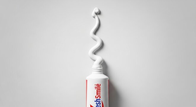 Toothpaste oozes out of the tube in a wavy form against a white backdrop