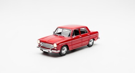 Fototapeta premium A vibrant red, vintage sedan with a clean design is presented against a crisp, white background