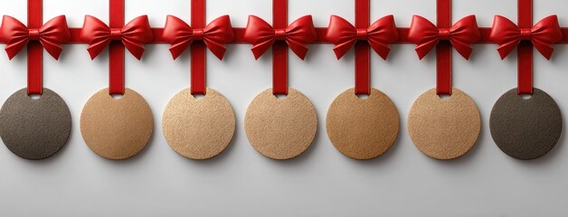 Celebratory medals displayed with red ribbons for an award ceremony recognizing achievements in sports and academics