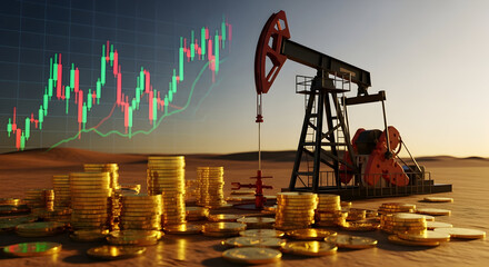 Oil Pumpjack with Stock Market Chart and Gold Coins