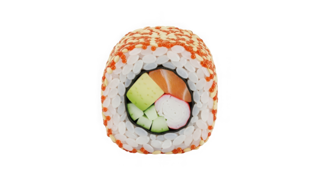 Delicious sushi roll filling close-up with sesame seeds a close-up view of a mouthwatering japanese sushi roll showing its fresh ingredients transparent background - Powered by Adobe