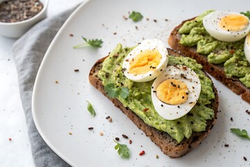 Plate of avocado toast with two eggs on top
