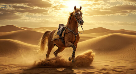 Galloping Chestnut Horse in Sunny Desert Landscape