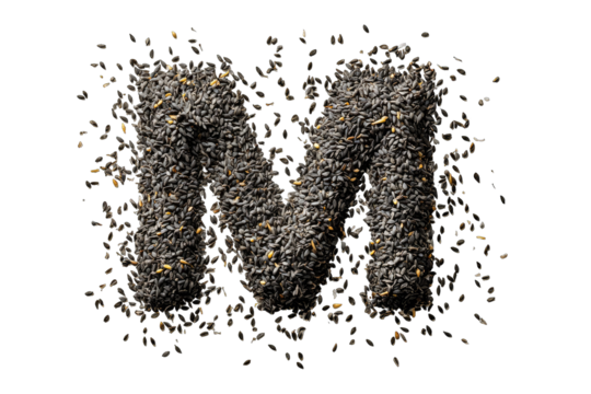 Dark letter "M" formed by scattered seeds