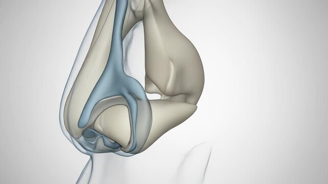A 3D medical animation showing the cartilage and bone structure of the human nose rotating from a frontal to a side view