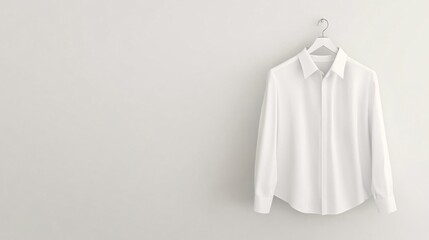 A white shirt hangs on a wooden hanger against a white wall.