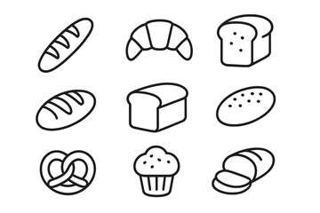 Bread and bakery line icon set. Minimal outline pastry symbols. Pictogram collection with loaf, baguette, croissant, pretzel, muffin for web, app, graphic design.
