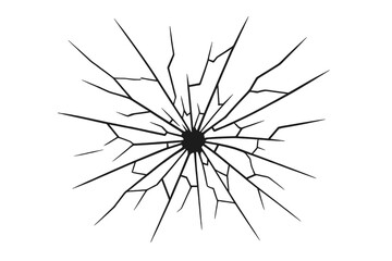 Cracked glass vector illustration. Broken window with a bullet hole. Shattered surface effect for design. Destruction, damage, and vandalism concept. Abstract texture.