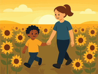 Child and Parent Walking Through Sunflower Field for International Day of Peace