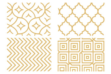 Set of four luxury gold geometric seamless patterns. Vector collection of elegant abstract line art backgrounds. Includes Moroccan trellis, chevron, and art deco ornaments.