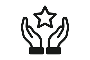 Hands holding star icon. Symbol of quality and success. Vector for rating, review, feedback concepts. Five star service award. Best choice prize metaphor of excellence.