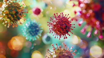 Scientific Clarity: Detailed Medical Visualization of Virus – 3D Renderings of Viral Structures (Capsid, Envelope, Genetic Material), Color-Coded to Highlight Key Components Like Spike Proteins