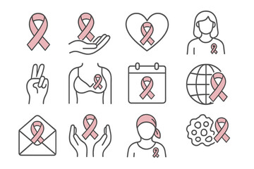 Breast cancer awareness month line icon set. Pink ribbon symbol for hope, charity, support and solidarity. Woman health, medical prevention, survivor editable vector pack.