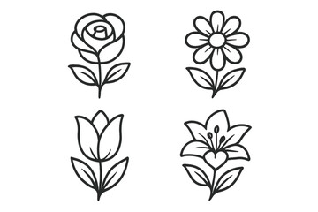 Flower icon set. Simple floral line art collection. Minimalist doodle style vector illustration. Rose, tulip, daisy, lily with heart. Botanical design elements for logo or decoration.