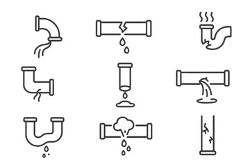 Broken pipe icon set. Water leak, burst pipeline, plumbing problems. Dripping faucet, water damage, leakage concepts. Thin line vector icons with editable stroke.