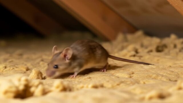 Small brown mouse on insulation in attic space, rodent wildlife