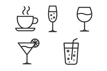 Drink and beverage line icon set. Coffee, champagne, wine, cocktail, soda. Simple outline symbol collection for bar, cafe menu. Vector graphic with editable stroke.