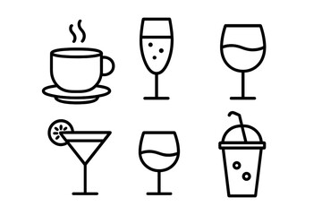 Drink and beverage line icon set. Collection of simple vector pictograms. Coffee, tea, wine, champagne, cocktail, juice and soda. Editable stroke for bar or restaurant menu.