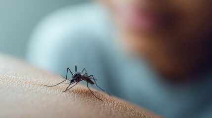 Naklejka premium Close up view of a mosquito biting a person's arm, illustrating the dangers of mosquito borne diseases and emphasizing the critical need for effective mosquito control measures