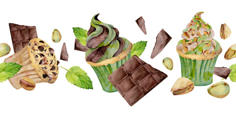 Chocolate bar flakes, pistachio crushed nuts on cupcakes, mousse topped muffins, mint leaves hand painted in watercolor. Seamless backgrounds, culinary wrapping paper, menu borders, food blog headers.