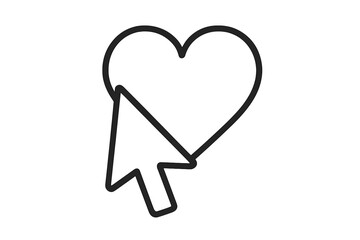 Cursor pointer clicking on heart outline. Like button, favorite symbol, social media approval. Concept for online dating, romance, charity, donation, add to wishlist.