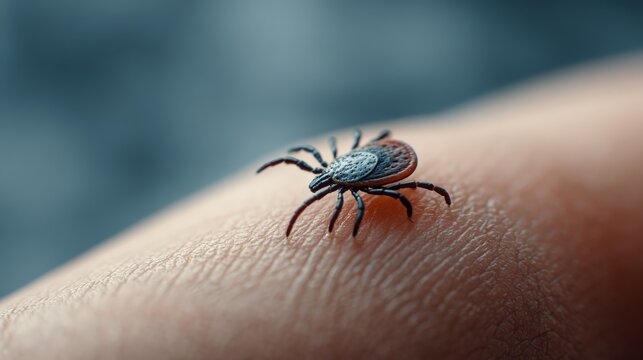 Close up of a tick crawling on human skin, highlighting the risk of lyme disease and other tick borne illnesses, emphasizing the importance of tick checks and prevention