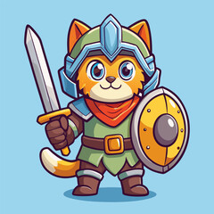 cute cat warrior cartoon is holding a sword and a shield bravely