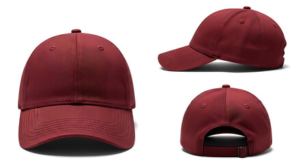 Burgundy baseball cap shown from three angles: front, side, and back views.