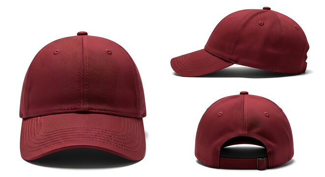 Burgundy baseball cap shown from three angles: front, side, and back views.