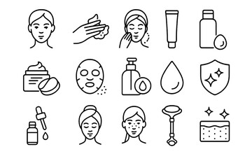 Skin care line icon set. Beauty, cosmetology, dermatology concept. Minimalist vector pictograms for web. Facial treatment, cream, serum, mask, cleansing, moisturizing symbols.