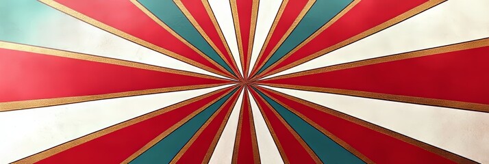 Vibrant Radiating Sunburst Design Featuring Bold Red, White, Teal, and Gold Stripes for Art Use